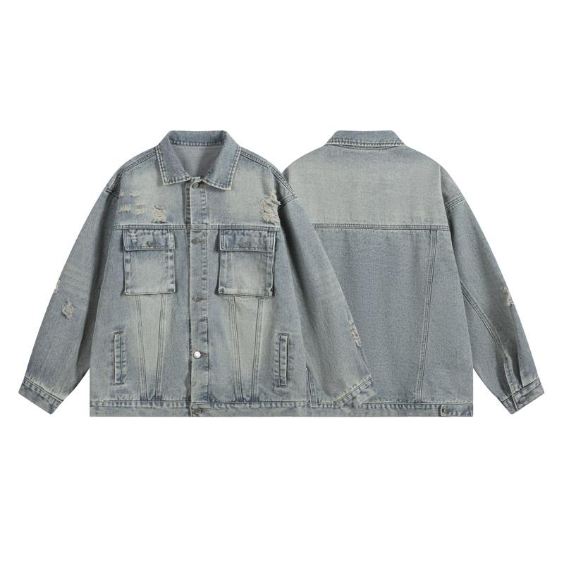 Men Denim Jacket 2025 Men Ripped Hole Single Breasted Coats Man Spliced Outerwear Jackets Pockets Casual Loose Washed Distressed Jackets