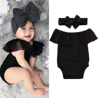 Newborn Girls Romper Outfits, Lace Clothes Off Shoulder Jumpsuit + Bowknot Headband Suits
