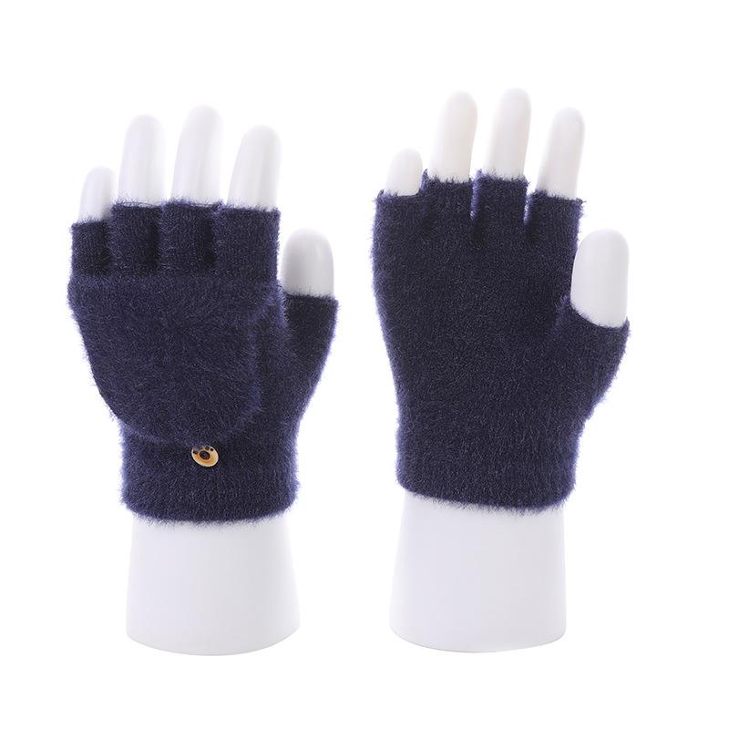 Korean Version Versatile Student Writing Cute Half-finger Flip-up Gloves for Women Autumn and Winter Imitation Cashmere Knitted Wool Warm Fingerless