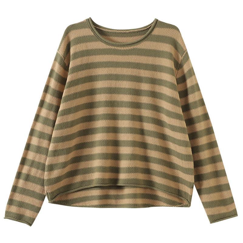 Women's Casual Crew Neck Pullover Sweater Autumn Winter Knitted Striped Top Loose Base Layer