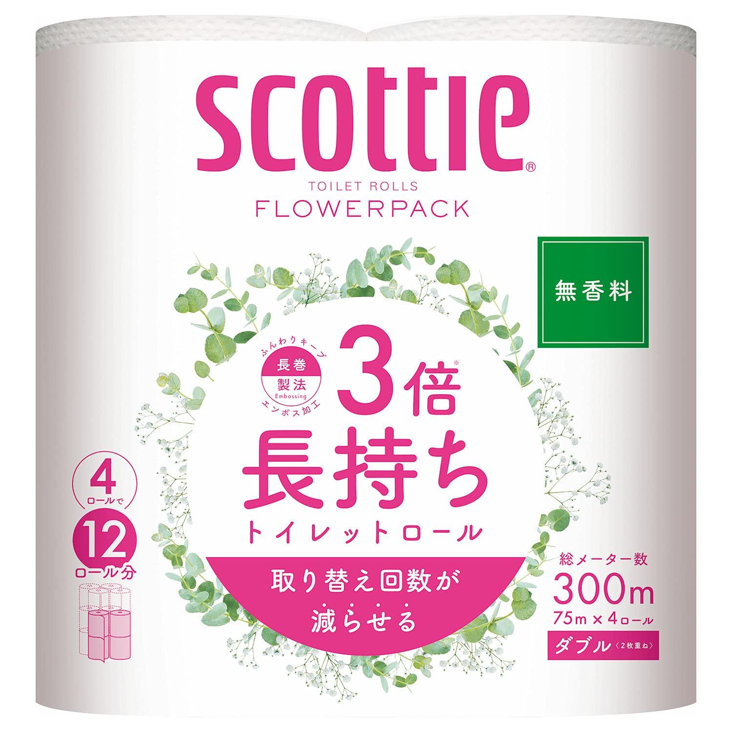 Scotty Flower 3x Longer Lasting Toilet 4 75m Unscented Pack, Paper, Rolls, Double,