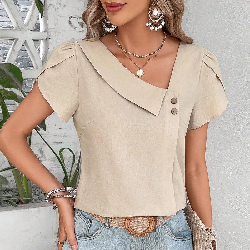 T-shirt da donna estiva con collo inclinato, tinta unita, manica corta