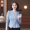 Women Clothing Fashion Ruffled V Neck Slim Asymmetrical T-shirt Office Lady Elegant Chic Solid Long Sleeve Commute Tops