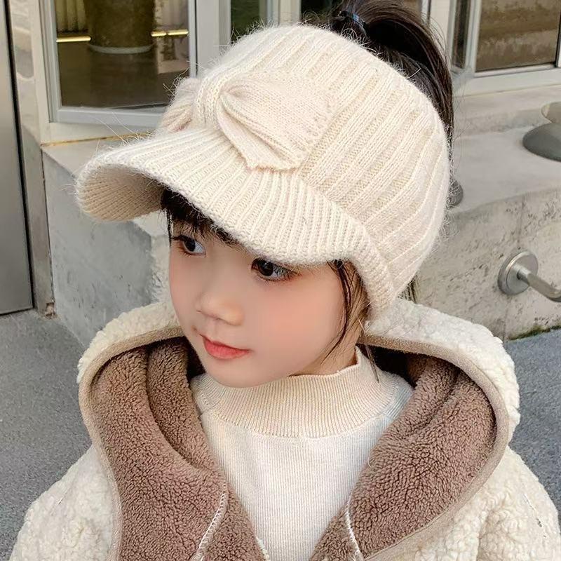 Autumn and Winter Children's Female Bow Empty Top Hat Versatile Fashion Autumn and Winter Knitted Hat Girls' Warm Cap