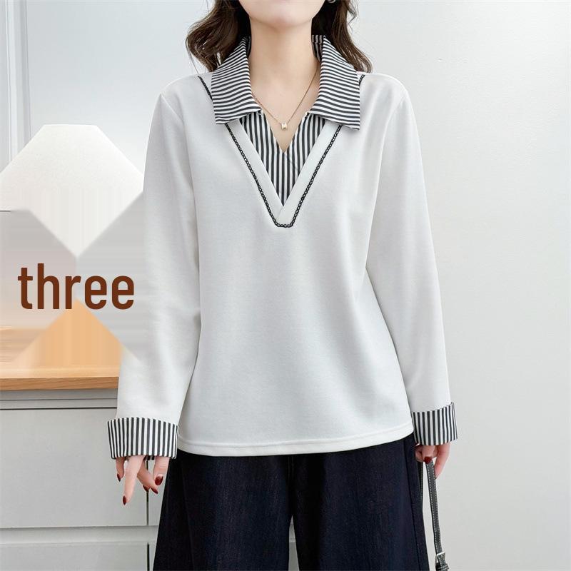 Spring Festival 2026: Plus Size Polo-Collar Long Sleeve Sweatshirt (2 Pieces) with Striped Collar Patchwork 8659