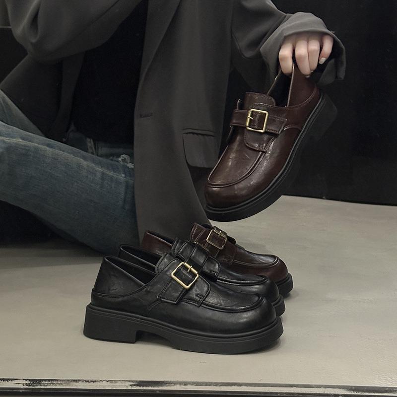 Small leather shoes women's new autumn thick-soled thick-heeled uniform shoes are not tired of feet, one-word buckle loafers