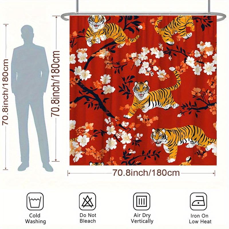 Golden Tiger and Red Blossoms Shower Curtain - Water-Resistant, Easy To Clean, Adds an Exotic and Bold Touch To Your Bathroom