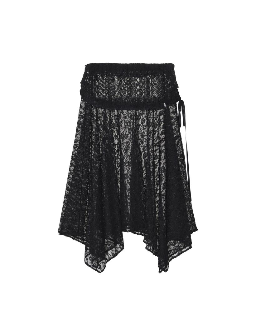 Nigaennikol Lace Shirring Flare Midi Skirt_Black