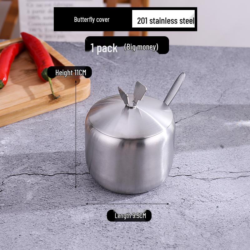 Gold Korean-Style Seasoning Jars, 201 Stainless Steel with Glass Lids On Tray, for Restaurant Use.