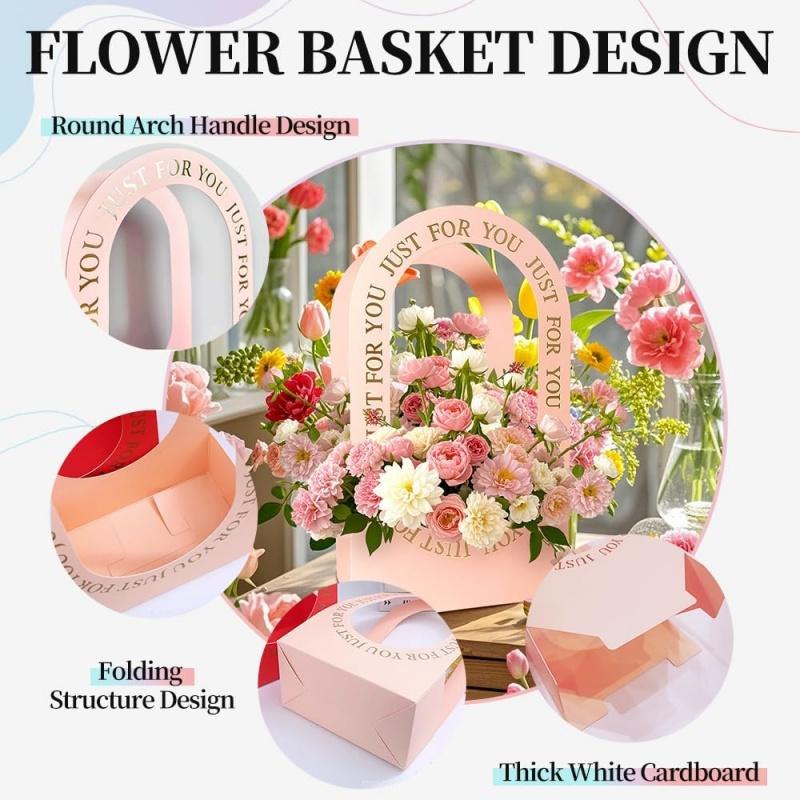 1/4/8/16PCS Foldable Carton Flower Basket Handheld Bouquet Gift Bag Valentine's Day Flower Packaging Wedding Party Decoration