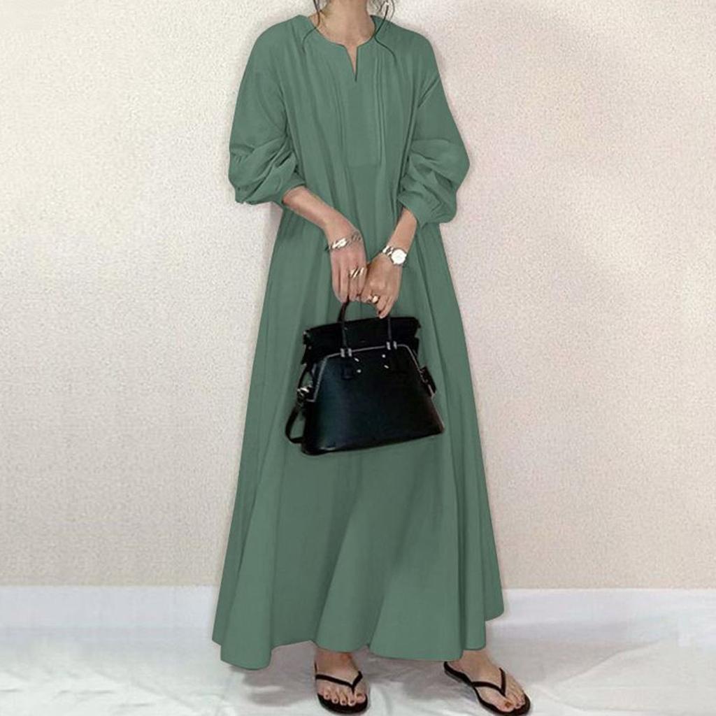 Women's Fashion Cotton Linen Lazy Style Loose Round Neck Long Knee Length Ethnic Shirt Dresses