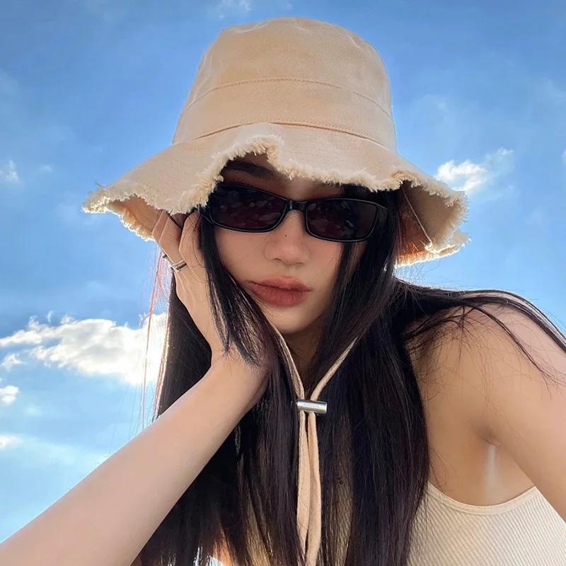 Women Solid Color Sunshade Bucket Hat Soft Cotton Tassel Brim Foldable Fisherman Cap Lady Girl Outdoor Beach Travel Sun Caps