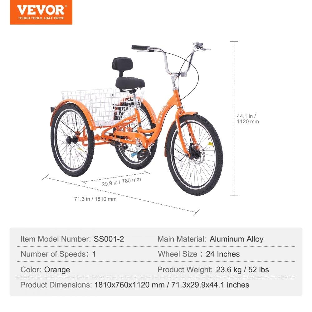 24” tříkolka pro dospělé – 3kolové hliníkové křižníky s košíkem a nastavitelným sedadlem pro seniory, ženy a muže (oranžový)