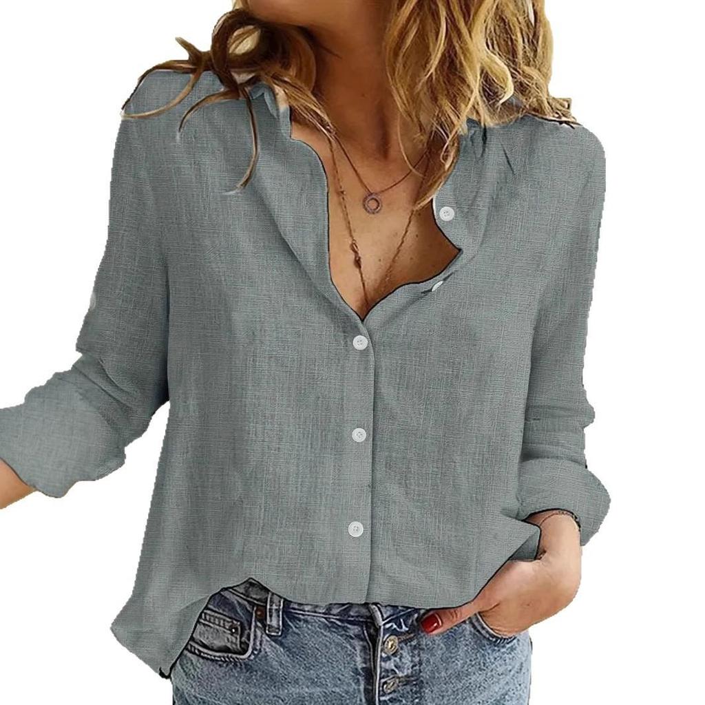 Women's Spring Summer Linen Blouse Solid Color Long Sleeve Button Down Lapel Casual Commuter Loose Fit Shirt Top