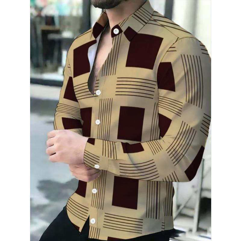 Men's Dress Shirt, Khaki Brown Checkered, Business Casual Long Sleeve Collar