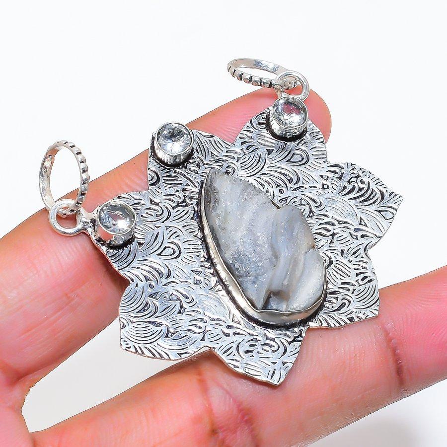Natural Desert Rose Druzy, Topaz 925 Sterling Silver Jewelry Pendant 1.97" ZS-646