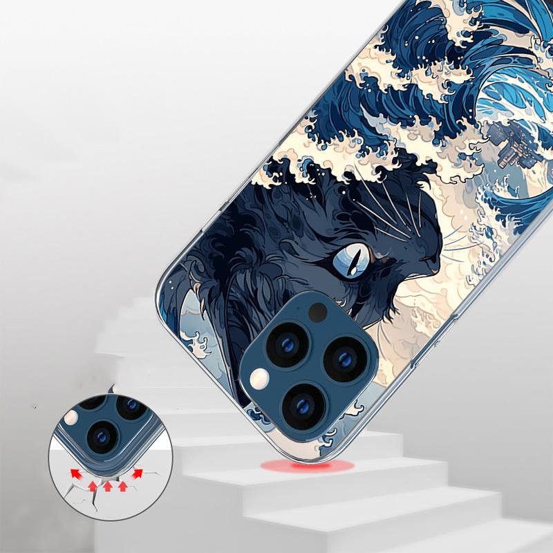 Anime Cat Sea Wave Aesthetic Cover Phone Case For iPhone 16 17 Air 15 14 Pro Max 16E Phone Case 13 Mini 12 11 7 SE 8 Print Patte