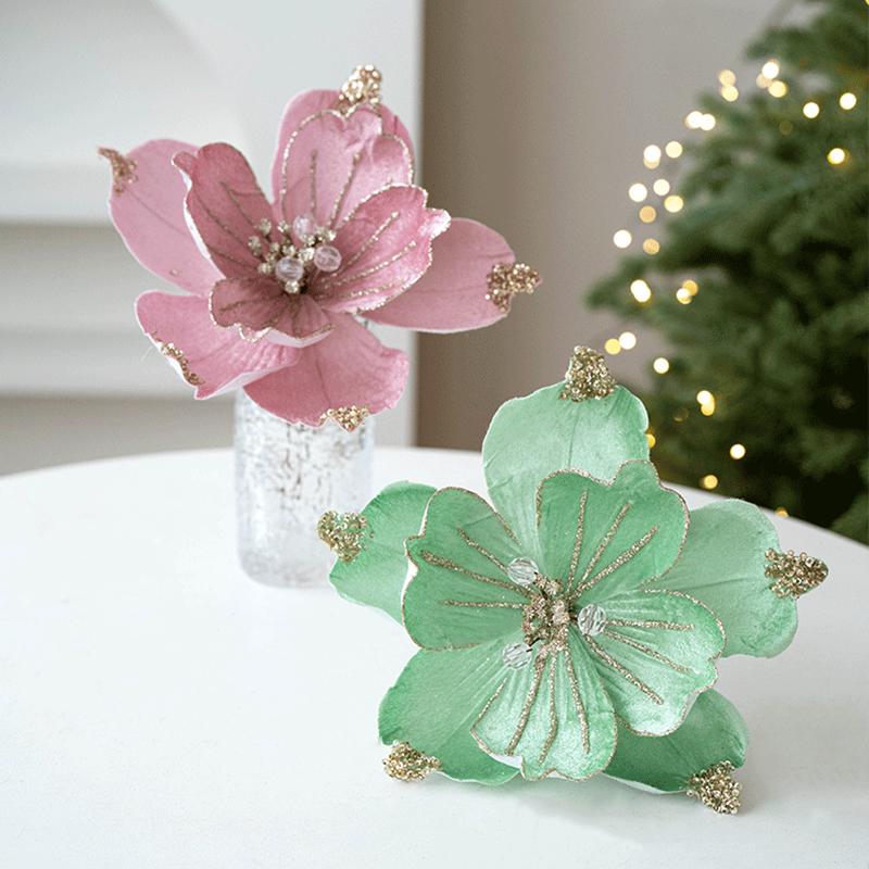 22CM Glitter Accents Flower Floral Decor Eco-Friendly Fabric Reusable Fabric Elegant Simulated Christmas Flowers Holiday Staging