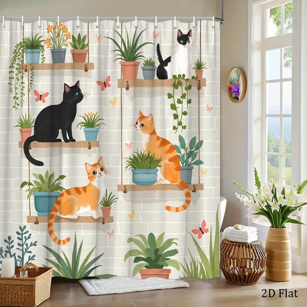 Cute Cats On Shelves With Plants And Butterflies Shower Curtain Waterproof Easy To Clean Privacy Protection Art Design Modern