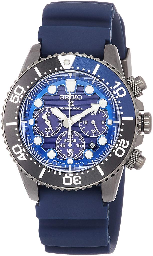 Seiko Watch SBDL057 Prospex Solar Save the Ocean Special Blue Silicone Band Men's Watch, Edition, Dial, Chronograph, Hardlex,