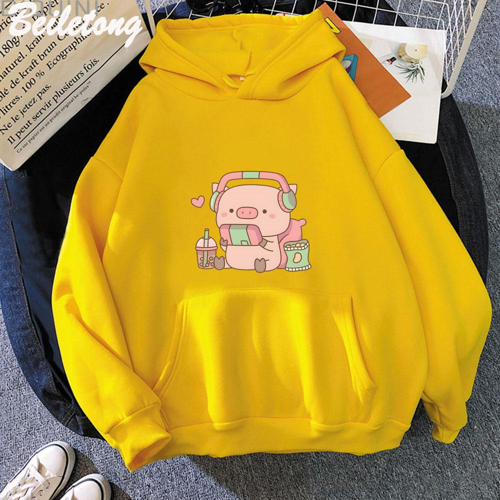 Cute Little Piggy Gamer with Headphones Hoodies Women Kawaii Streetwear Sweatshirts Graphic Pullovers Clothing