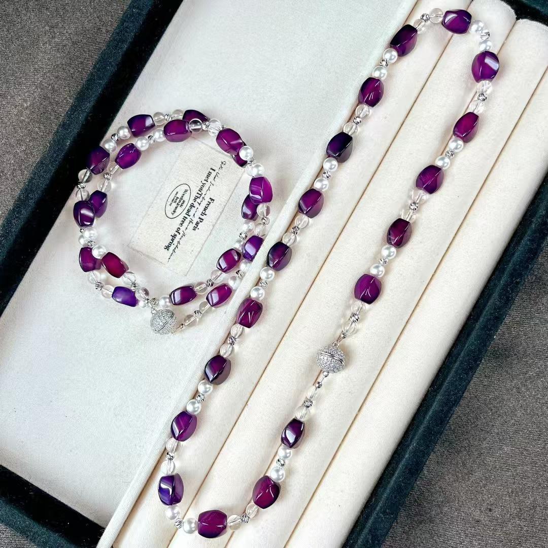 Vintage Natural Purple Chalcedony Agate White Crystal Artificial Crystal Pearl Necklace Collarbone Chain