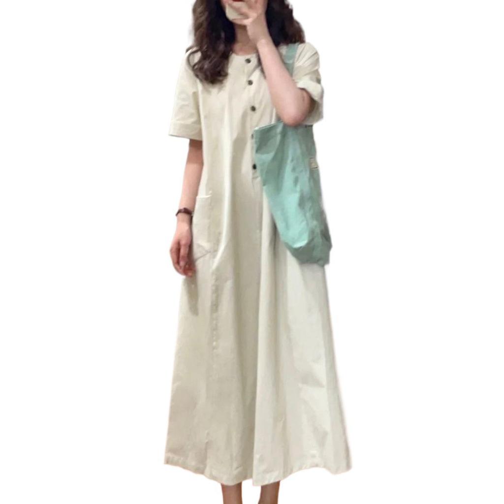 Plus Size Summer Retro Japanese Style Slimming Long Dress - Short Sleeve, Artistic, Casual, Lazy.