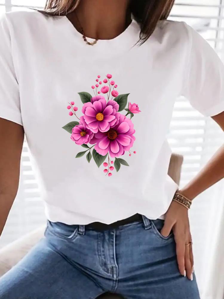 (Asian Size) Watercolor Flower Trend Women Tee Top Fashion Clothing T Shirt Woman Print Female Short Sleeve Graphic T-shirts