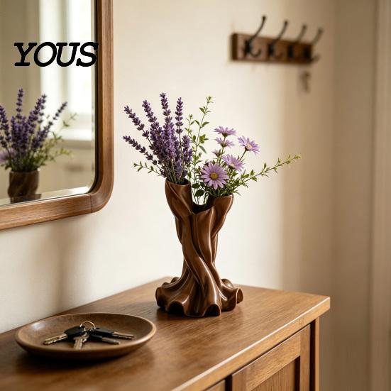 Decorative Table Centerpiece 3D Printed Flower Vase, Matte Wood Grain Double Tube Ornament, Mid Living Room Ornament Century Style Floral Arrangement,