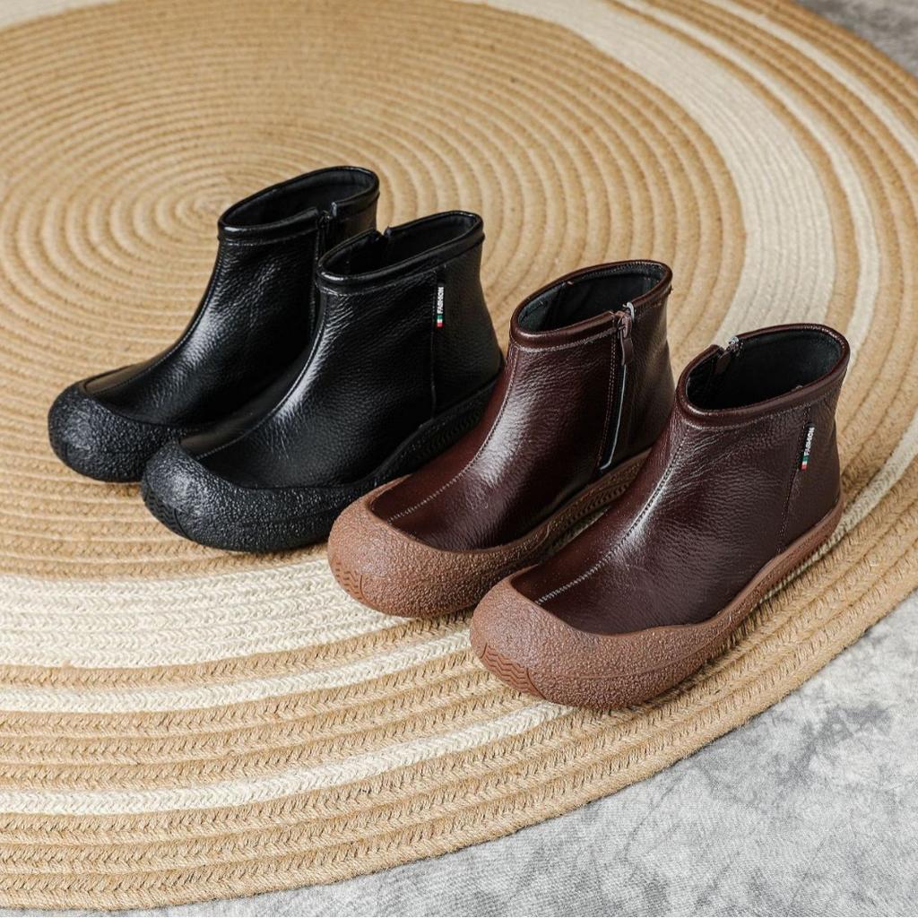 Leather Short Boots for Women Flat Bottom Autumn and Winter New Retro Side Zipper Soft Bottom Thick Sole Martin Boots
