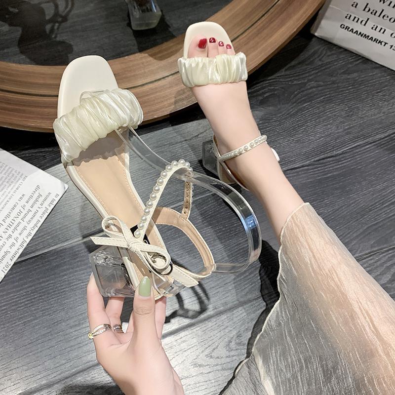 2024 Sandały Damskie Buty Lato Obcas Blokowy Garnitur Damski Beżowy Pasek z Klamrą Nowe Grube Czarne Retro Plastikowe Damskie Wygodne Przezroczyste