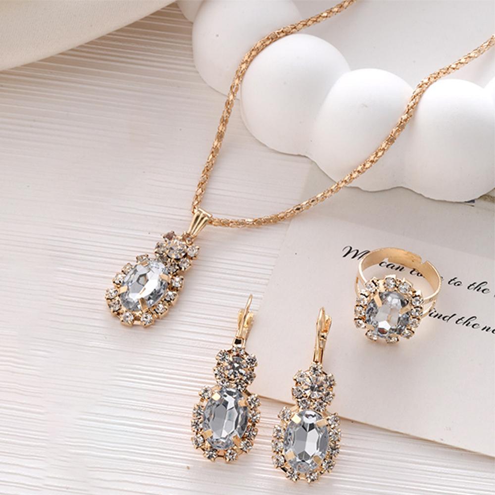 5 Piece Women Fashionable Versatile Temperament Personalized Diamond Embellishments Oval Necklaces Rings Bracelets Earrings Set