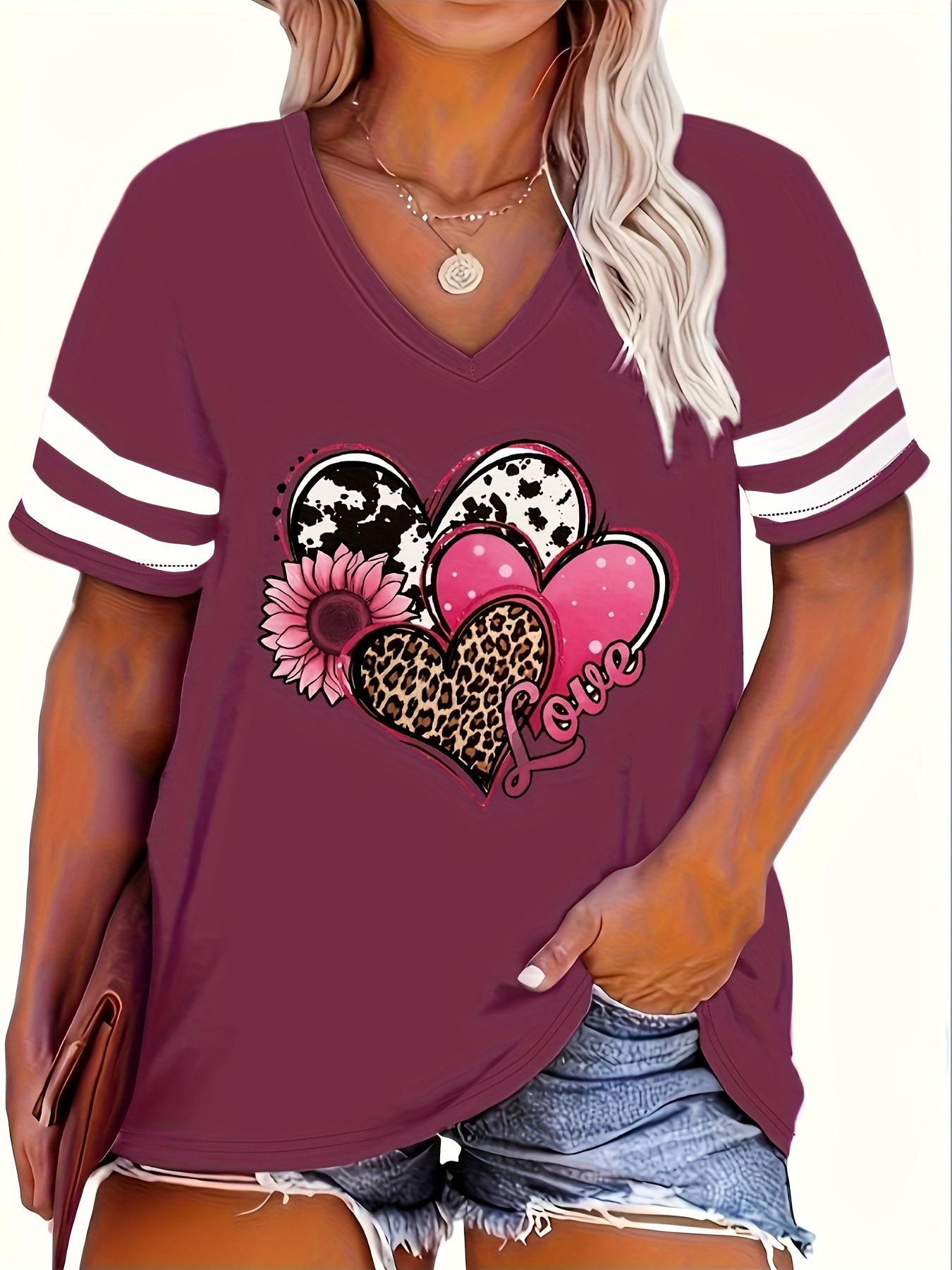 

Plus Size Women s Heart Leopard V-Neck Short Sleeve T-shirt, 0XL-6X 1XL кирпич красный