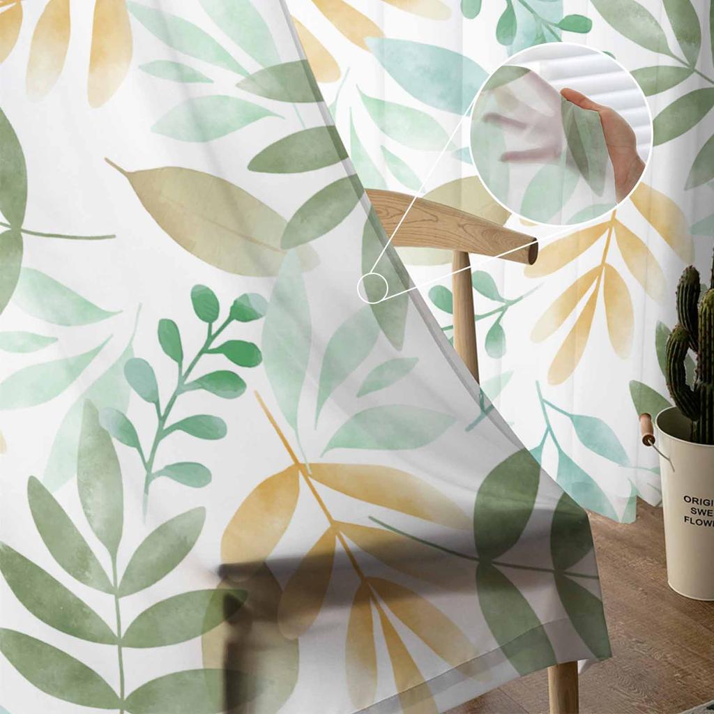 Plant Tea Green Forest Green Leaves Watercolor Rural Sheer Curtains for Kids Living Room Voile Window Curtains Tulle Drapes