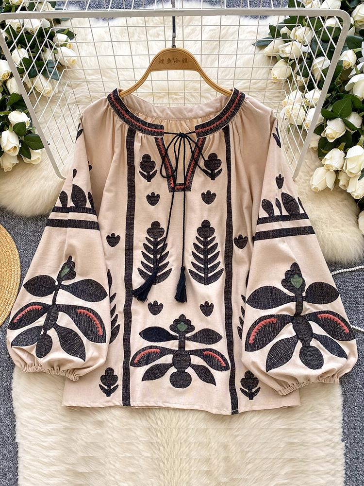 Primavera Otoño Nuevo Vintage Camisa Manga Farol Mujer Bordado Cuello Redondo Tirante Suelto Casual Blusa Top