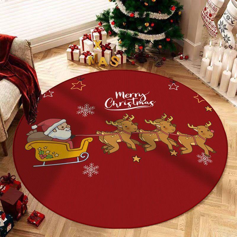 Round Christmas Red Carpet Mat Santa Reindeer Rug Snowman Gingerbread Man Festive Non-slip Home Decoration for Living Room Rugs