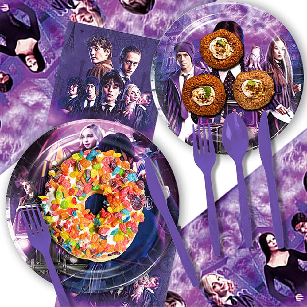 Wednesday Addams Party Tableware Include Plates Cups Napkins Tablecloth Cutlery