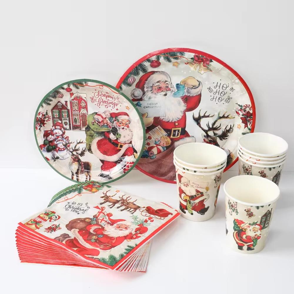 Thickened Christmas Disposable Tableware Set Santa Claus Print Paper Plate and Cups  New Year 2025