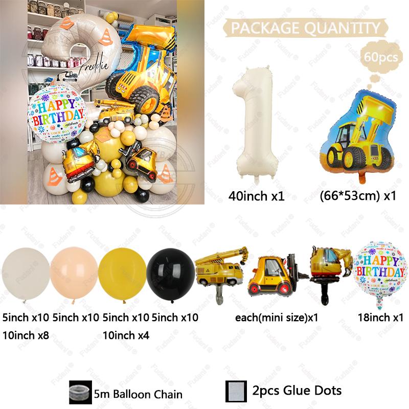60pcs Construction Vehicle Balloon Cream White Number Birthday Balloon Set Architecture Theme Party Decoration Festival Supplies