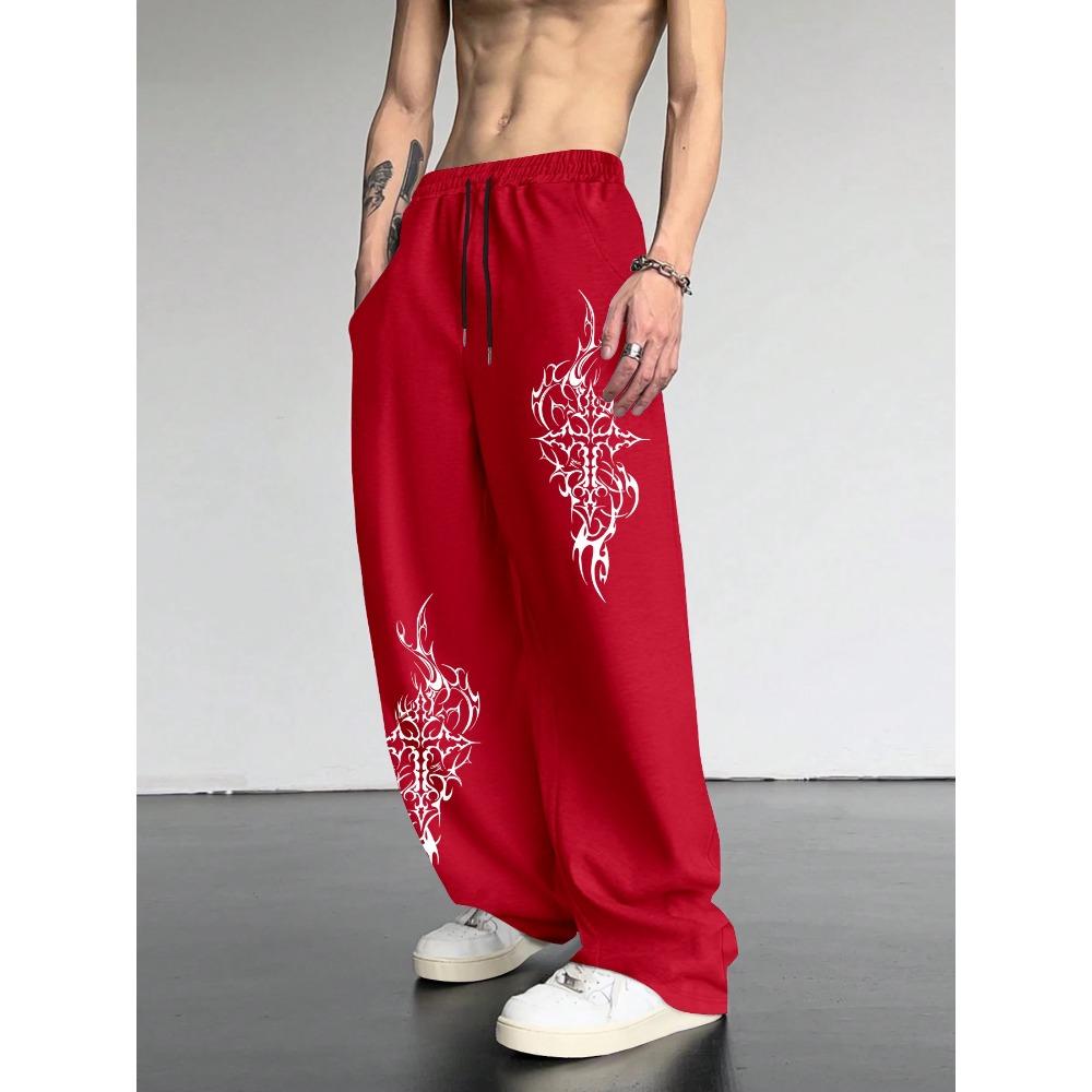 

Men s Street Wear Black Wide Leg Sports Pants, Cool Flame Print, Drawstring Waist, Loose Fit, Casual Daily Wear XXL