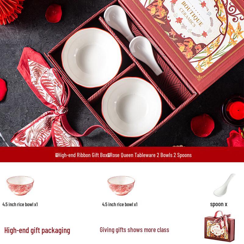 

Ru Han European Style Bone China Underglaze Red Rose Bowl & Spoon Set