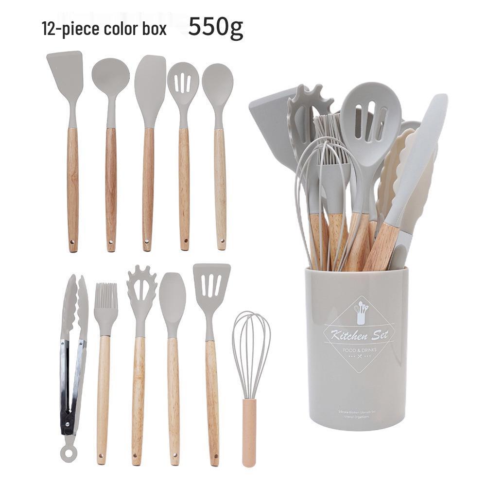 14-Piece Wooden Handle Silicone Kitchen Utensil Set with Storage Bucket for Non-Stick Cookware