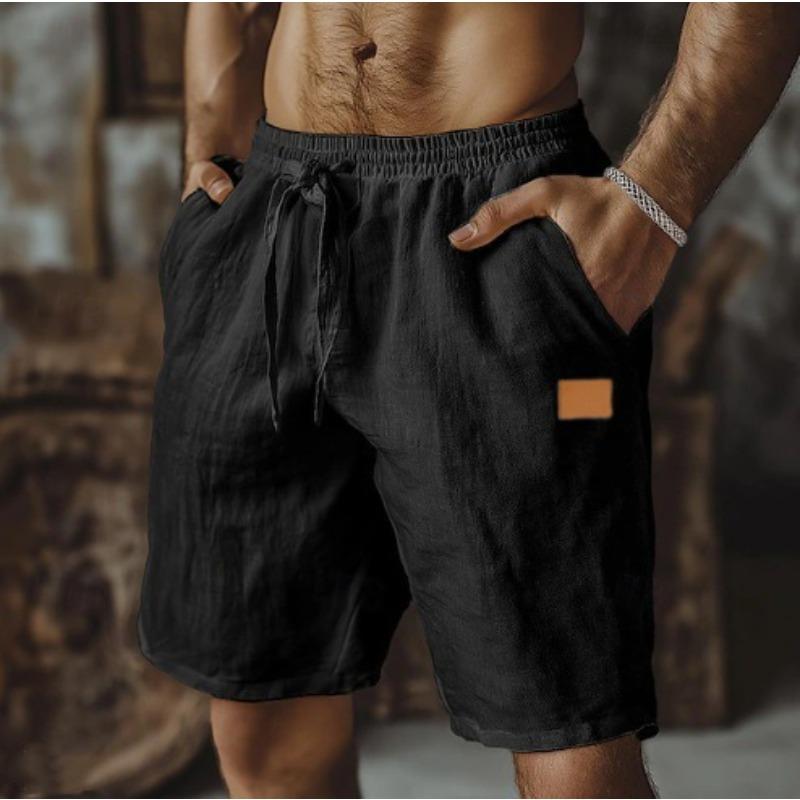 Bavlněné a lněné šortky se stahovací elastickou pasovkou, rovné nohavice, jednobarevné, prodyšné, denní, plážové, pětiminutové, ležérní pánské šortky