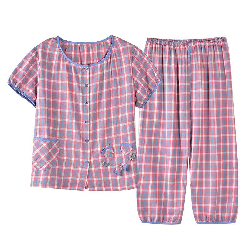 Pajamas women's 1011 new summer pure cotton thin short-sleeved cropped pants high-end cotton loungewear large-size set