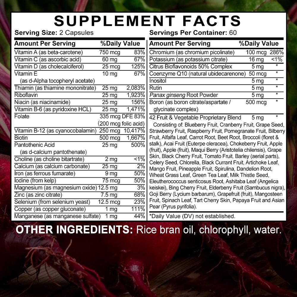 Bcuelov Complex Vitamin Mineral Capsules Organic Fruits and Vegetables with Full Spectrum Nutrients Improve Energy Metabolism