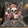 1pc Gothic Floral Skull Blanket - Lightweight Flannel Throw with Pink Roses & White Skulls, Soft & Warm for Sofa, Camping, Livin