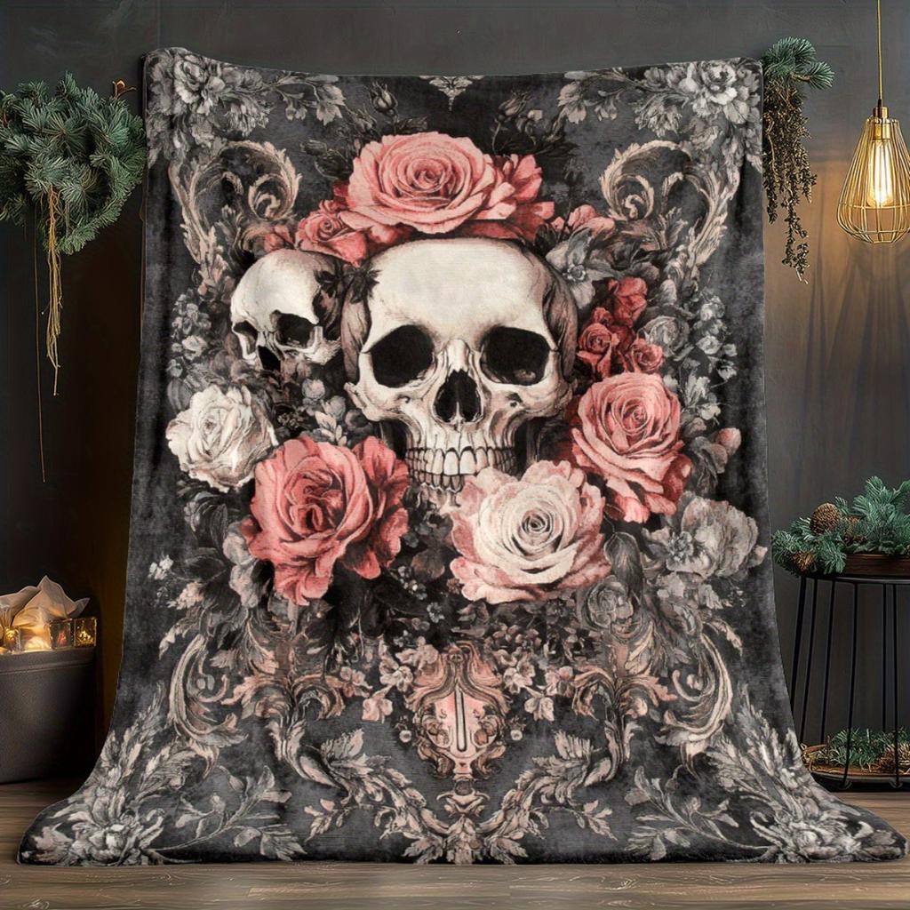 1pc Gothic Floral Skull Blanket - Lightweight Flannel Throw with Pink Roses & White Skulls, Soft & Warm for Sofa, Camping, Livin