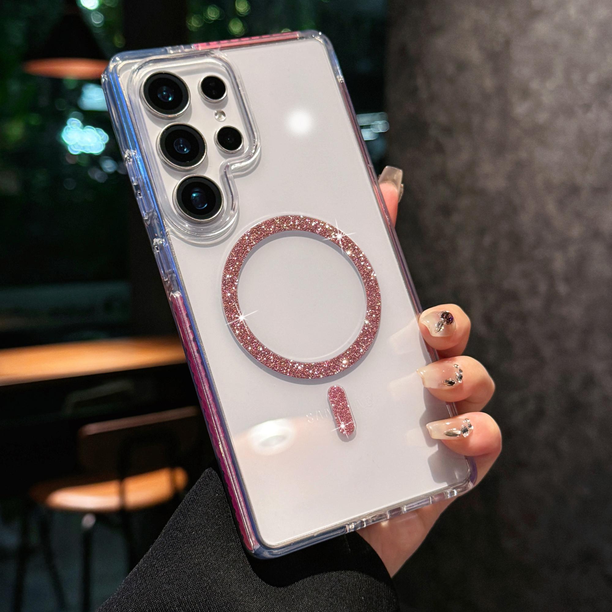 

For Samsung Galaxy S25 Ultra Case Compatible with MagSafe Glitter Ring TPU+Acrylic Clear Phone Cover Airbag Protection Pink