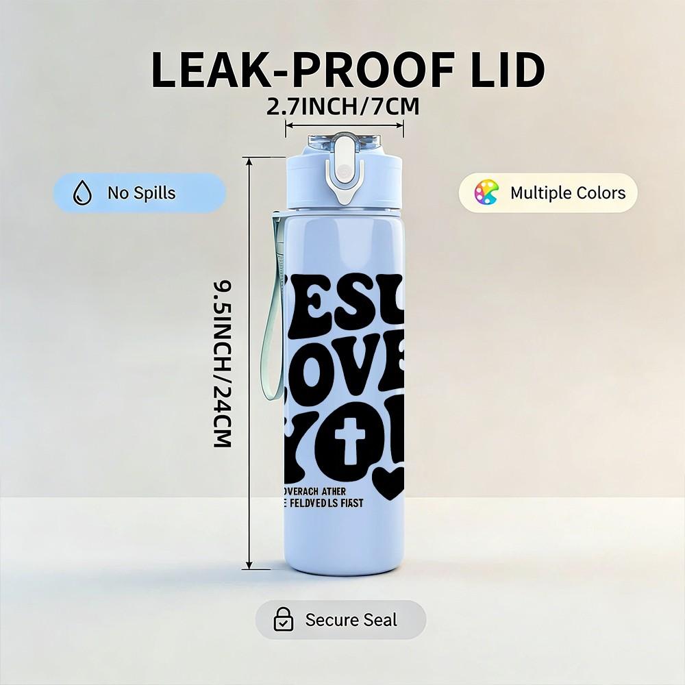 1PC Jesus Loves You Letter Art 750ml Color Plastic Sports Water Bottle Leakproof Flip Straw Lid Suitable for Sports Office Home Use