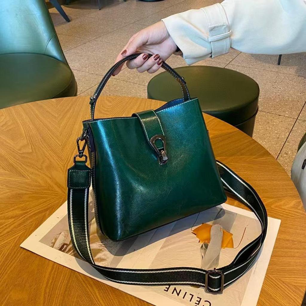 Korean Style Genuine Leather Double Strap Crossbody Bucket Bag